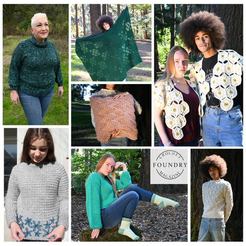 Collage of all the crochet designs of November 2023 Crochet Foundry
